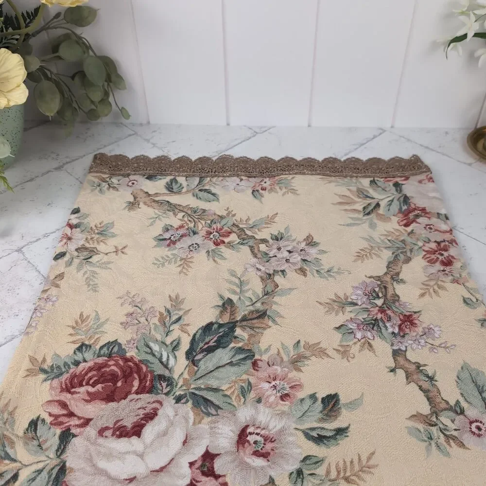 Beige Jacquard Floral Table Runner with Gold Lace Trim French Country Cottage